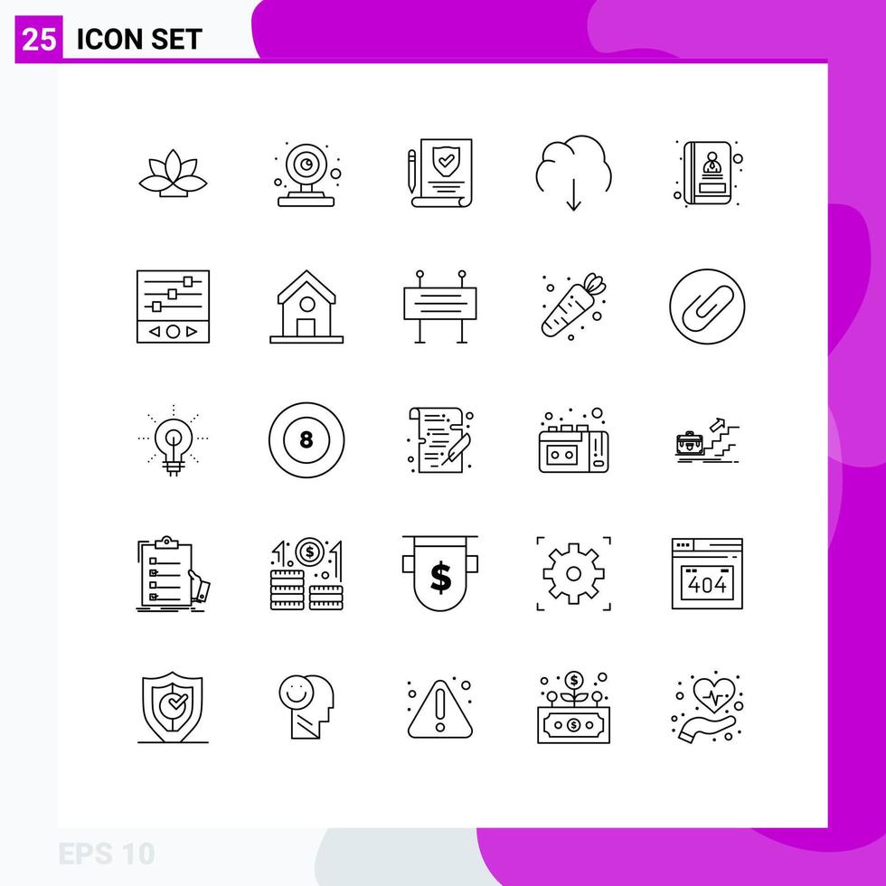 grupo de 25 líneas de signos y símbolos para seguros de servidores de libros elementos de diseño de vectores editables de datos multimedia
