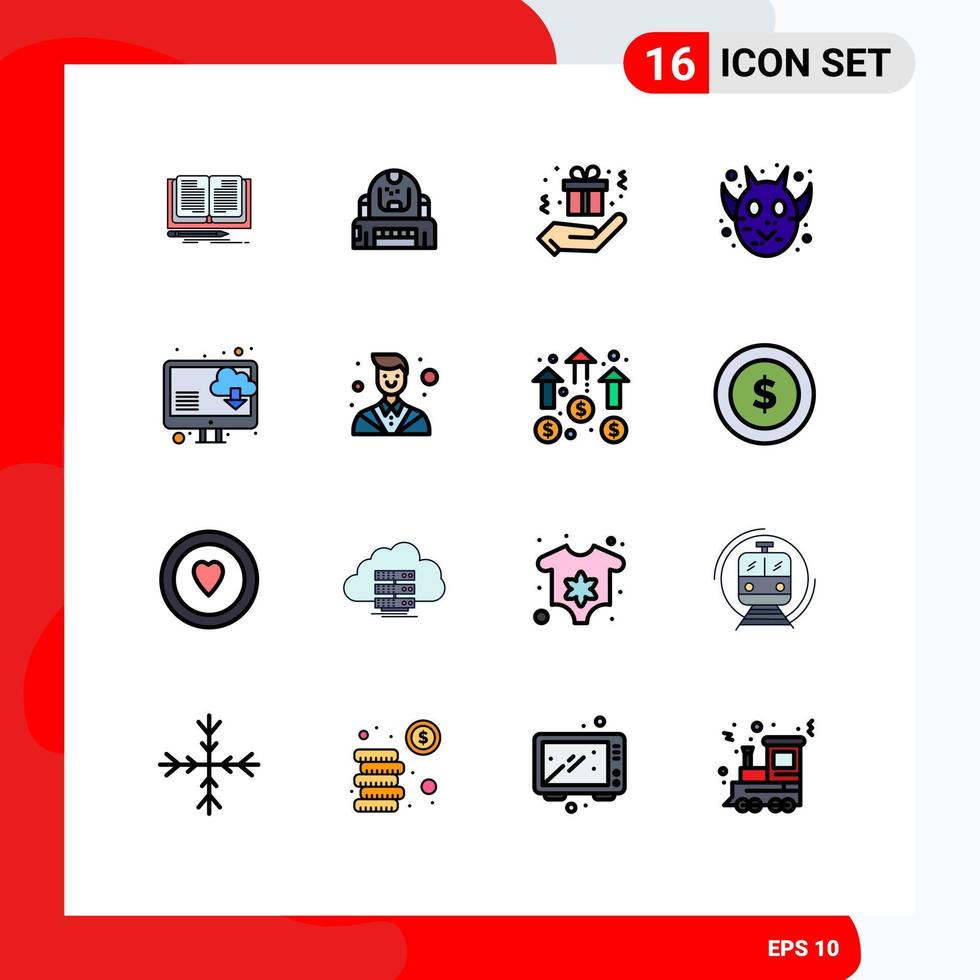 Group of 16 Flat Color Filled Lines Signs and Symbols for computer halloween animal protection frankenstein angry Editable Creative Vector Design Elements