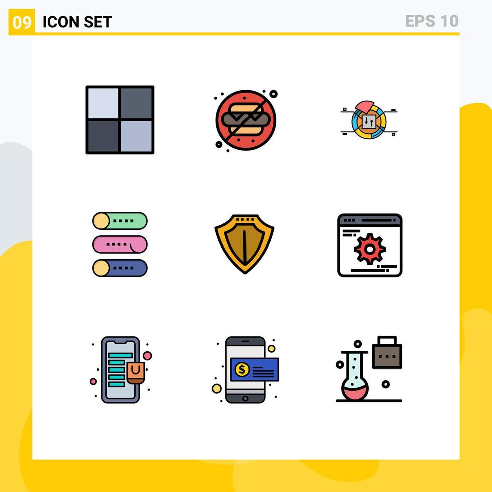 Set of 9 Commercial Filledline Flat Colors pack for protect protection report sheild switch Editable Vector Design Elements