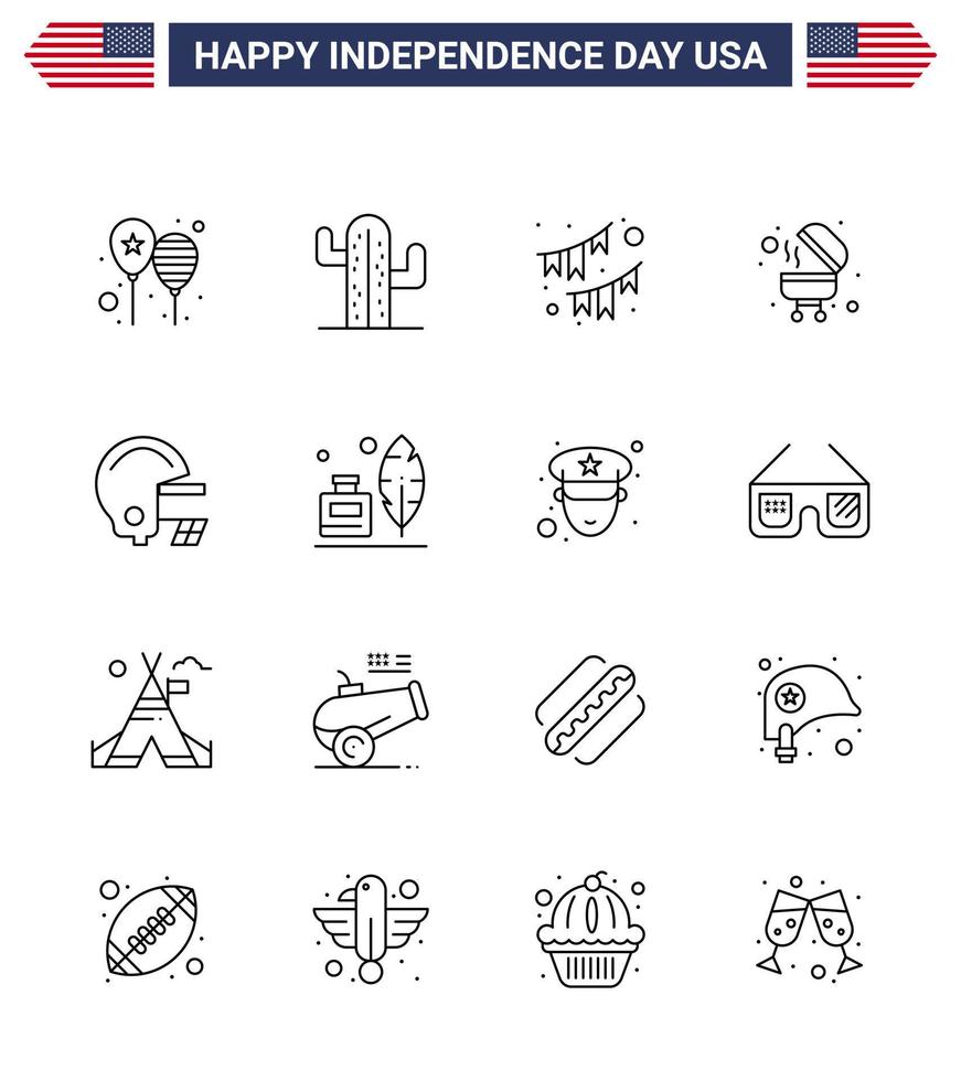 Set of 16 Vector Lines on 4th July USA Independence Day such as american bbq american barbecue party Editable USA Day Vector Design Elements