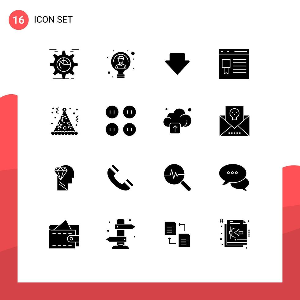 Pack of 16 Modern Solid Glyphs Signs and Symbols for Web Print Media such as website development person develop downlod Editable Vector Design Elements