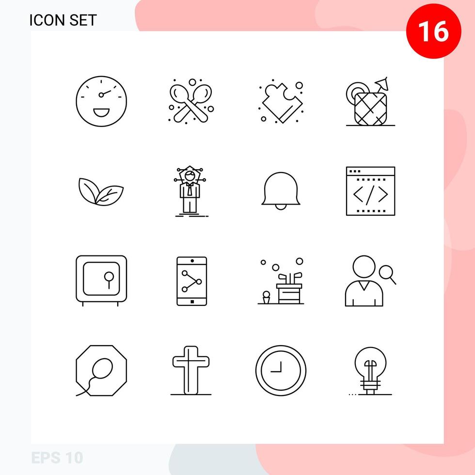 Set of 16 Vector Outlines on Grid for plant growth complex drink juice Editable Vector Design Elements