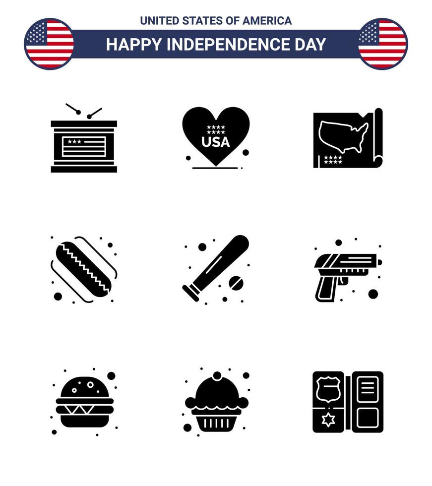 Happy Independence Day 9 Solid Glyphs Icon Pack for Web and Print bat ball map states american Editable USA Day Vector Design Elements