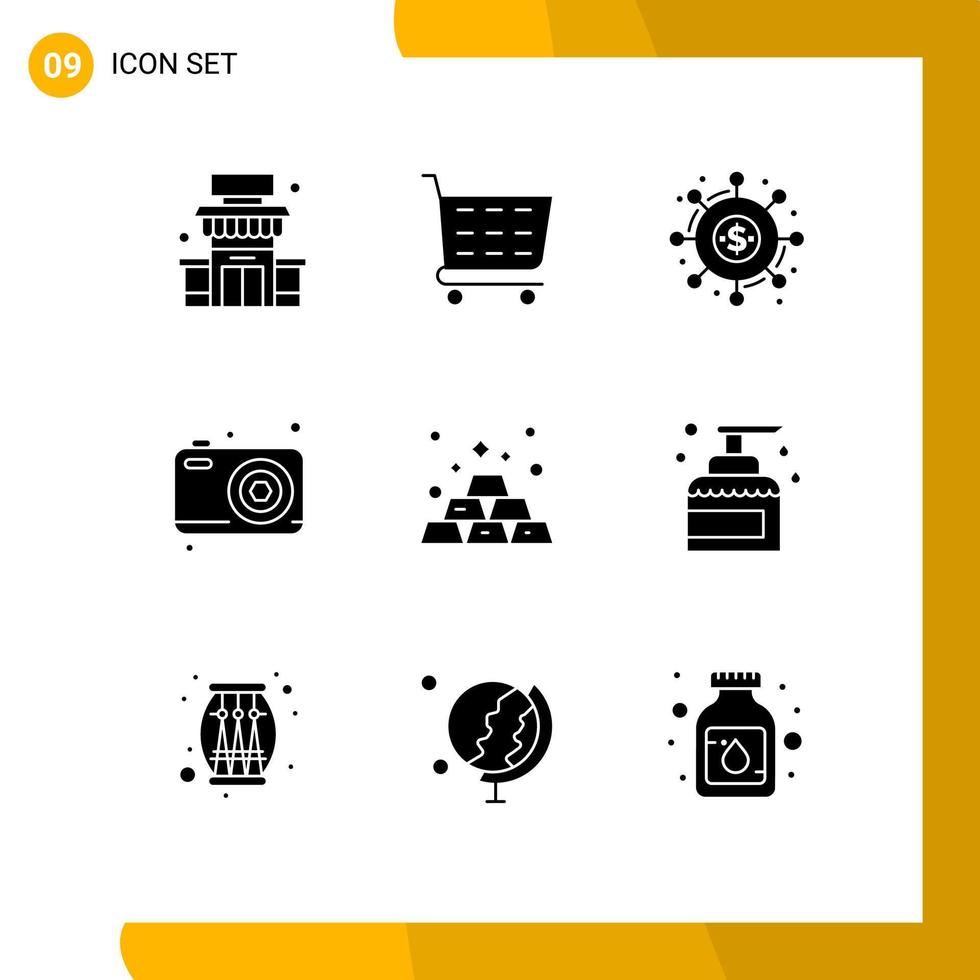 Pack of 9 creative Solid Glyphs of gold camera crowd funding fathers day dad Editable Vector Design Elements