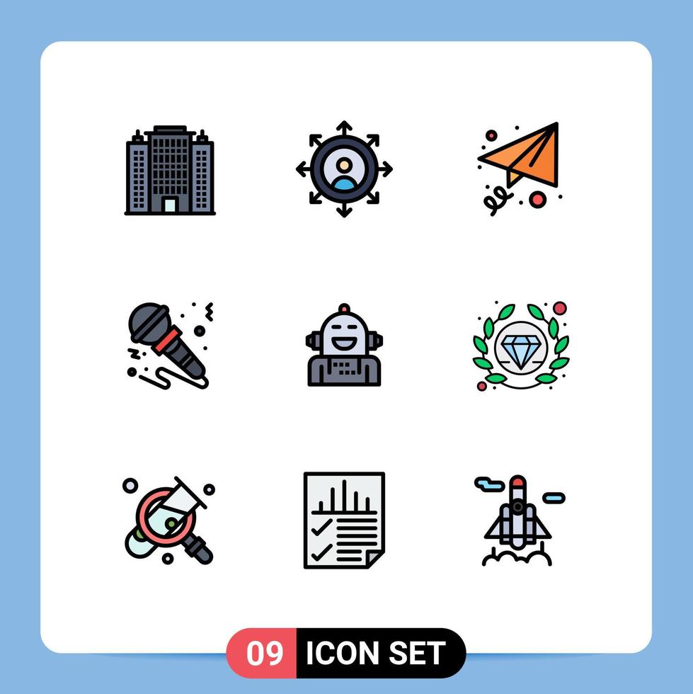 Group of 9 Modern Filledline Flat Colors Set for emotion android message instrument sound Editable Vector Design Elements
