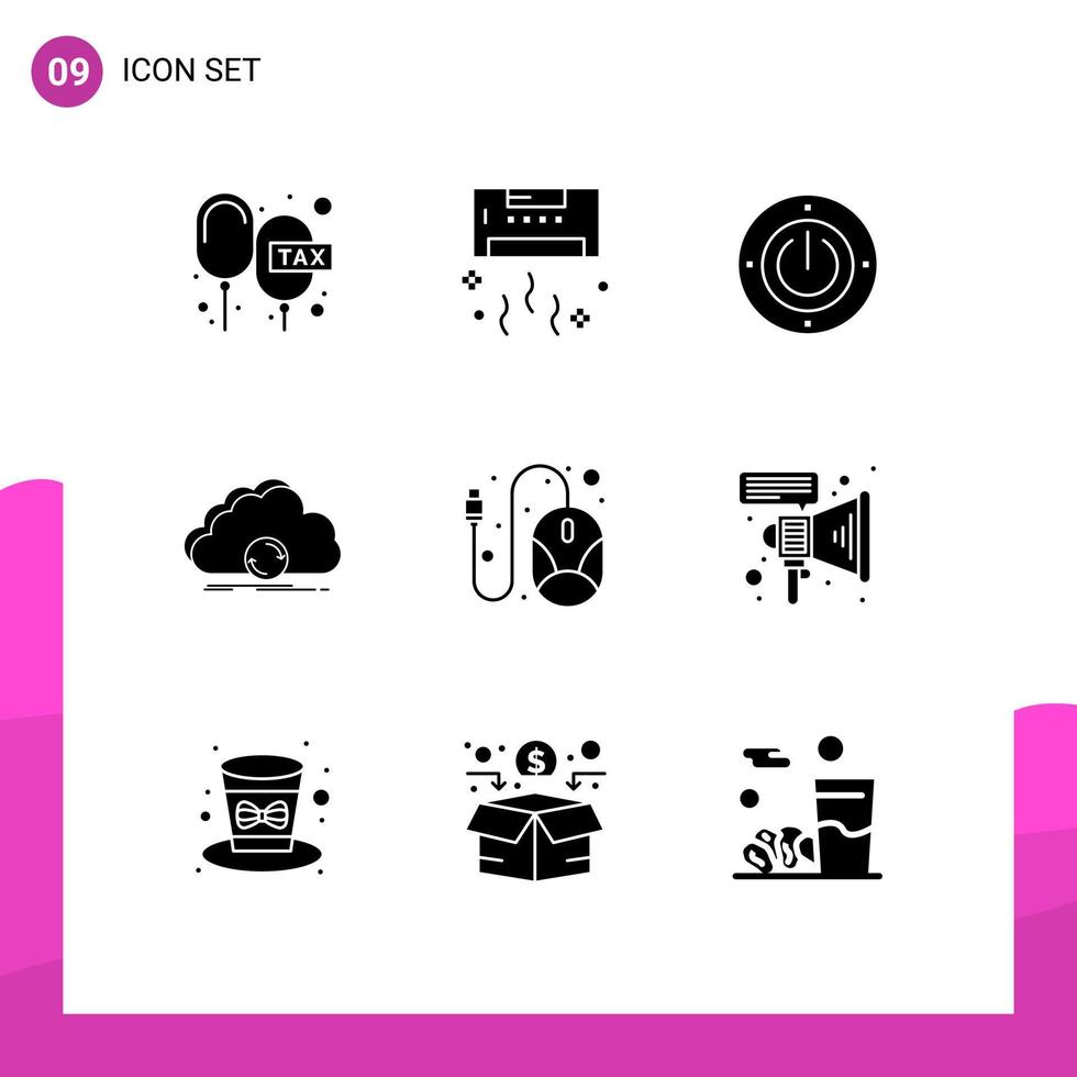 Pack of 9 Modern Solid Glyphs Signs and Symbols for Web Print Media such as data syncing summer cloud power Editable Vector Design Elements