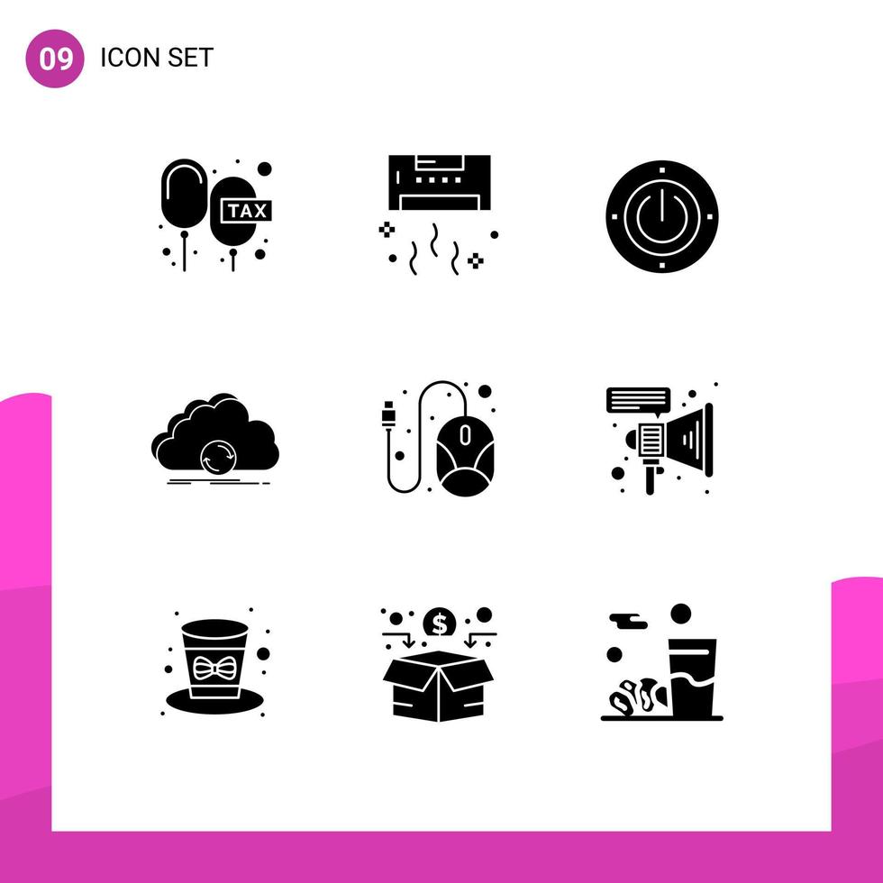 paquete de 9 signos y símbolos de glifos sólidos modernos para medios de impresión web, como la sincronización de datos, elementos de diseño de vectores editables de energía de nube de verano