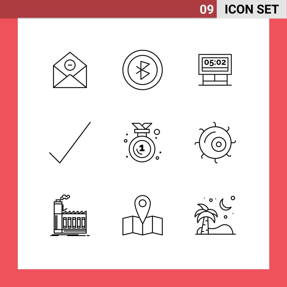Mobile Interface Outline Set of 9 Pictograms of emblem award board tick check Editable Vector Design Elements