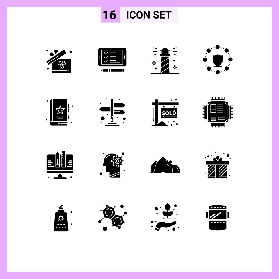 Set of 16 Vector Solid Glyphs on Grid for bookmark network lighthouse protection computing Editable Vector Design Elements