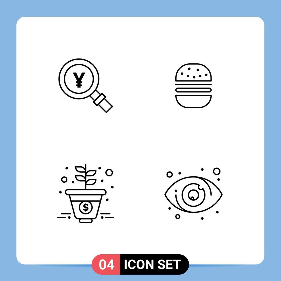 Set of 4 Modern UI Icons Symbols Signs for yen growth search fastfood marketing Editable Vector Design Elements