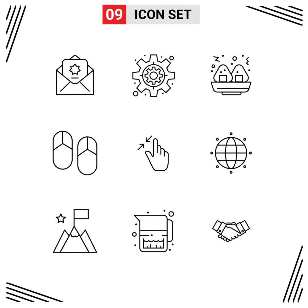 Pack of 9 Modern Outlines Signs and Symbols for Web Print Media such as touch interface fast gestures slippers Editable Vector Design Elements