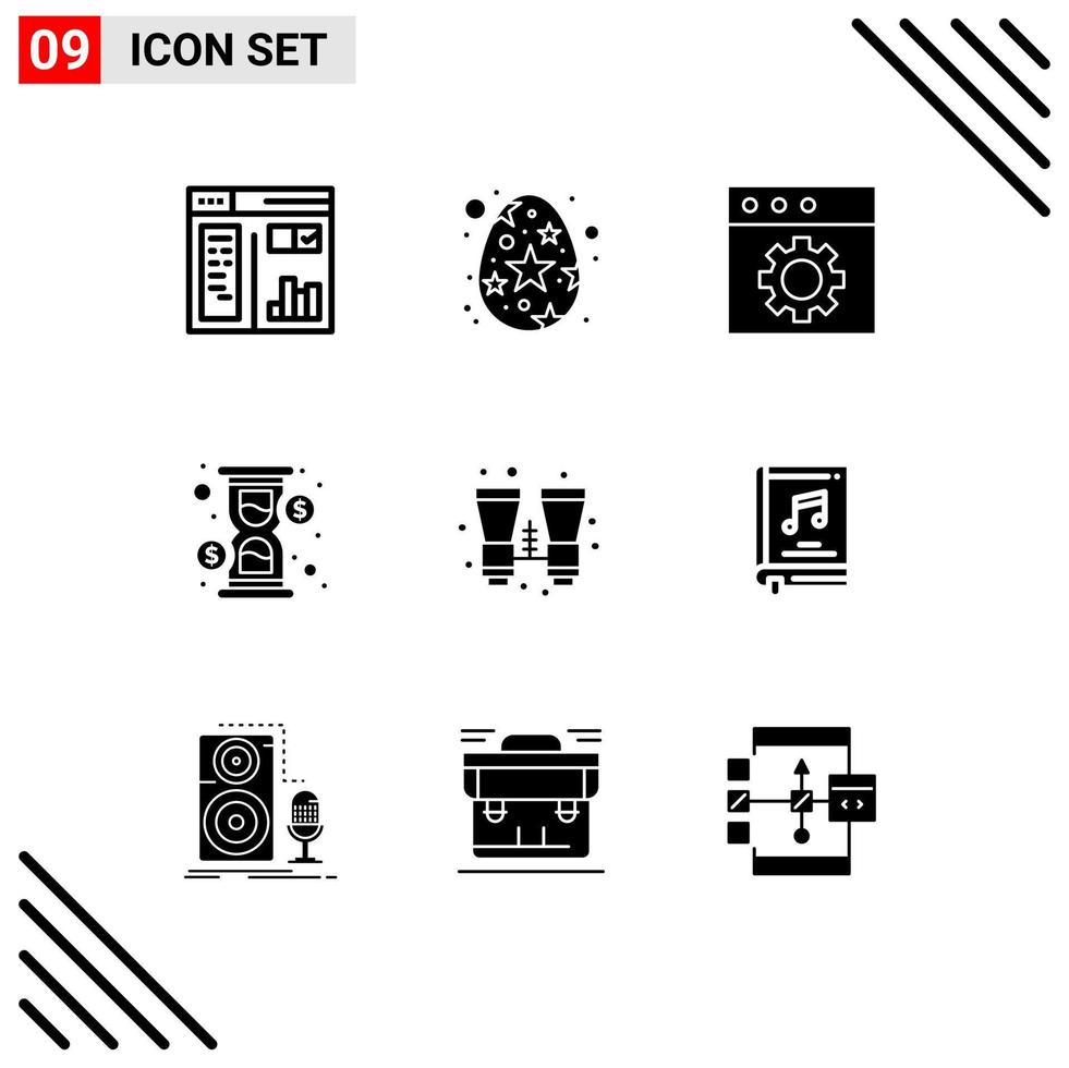 Editable Vector Line Pack of 9 Simple Solid Glyphs of search binocular app cash hour Editable Vector Design Elements