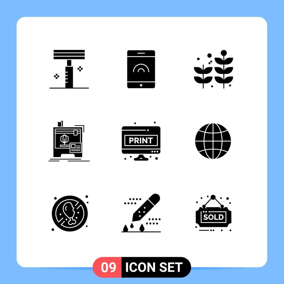 9 User Interface Solid Glyph Pack of modern Signs and Symbols of screen page paper plant doc printing Editable Vector Design Elements