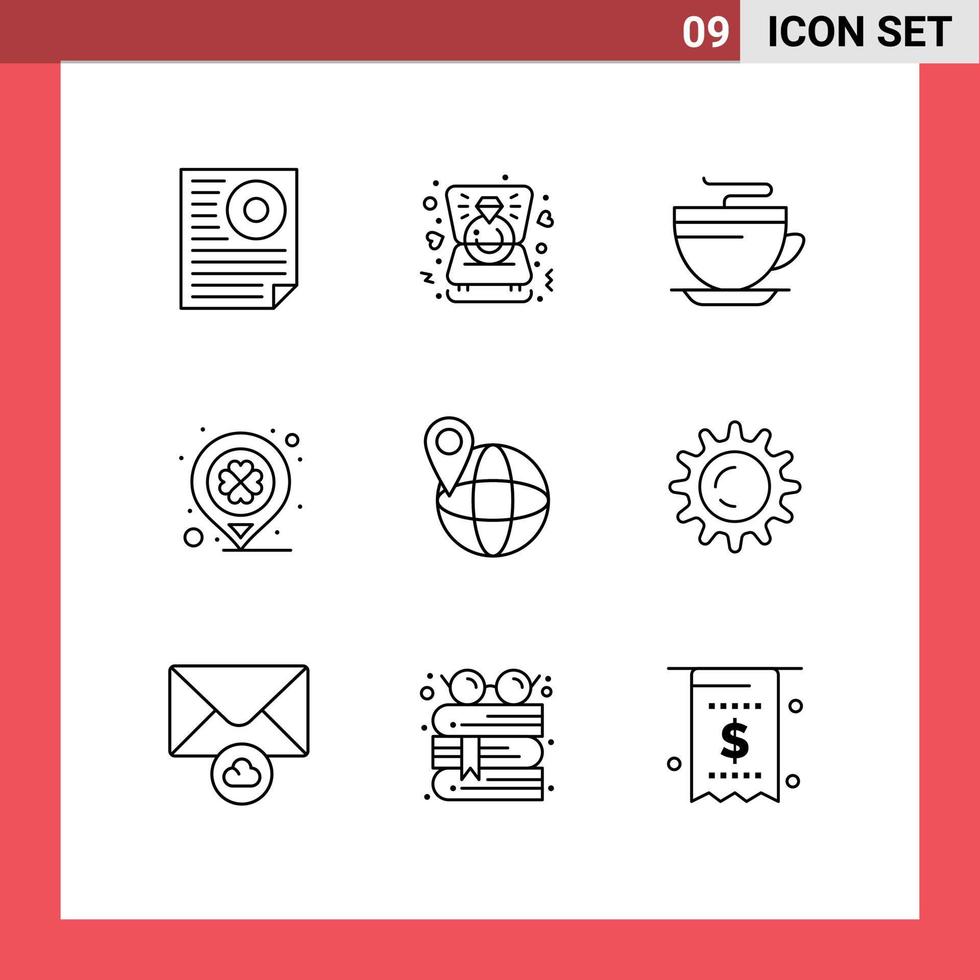 9 User Interface Outline Pack of modern Signs and Symbols of global location wedding festival cleaning Editable Vector Design Elements