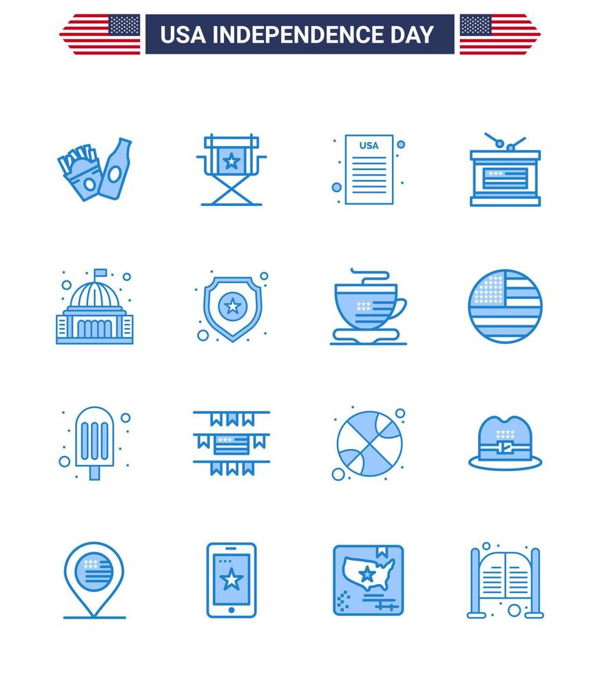 Pack of 16 USA Independence Day Celebration Blues Signs and 4th July Symbols such as house place declaration independence day holiday Editable USA Day Vector Design Elements
