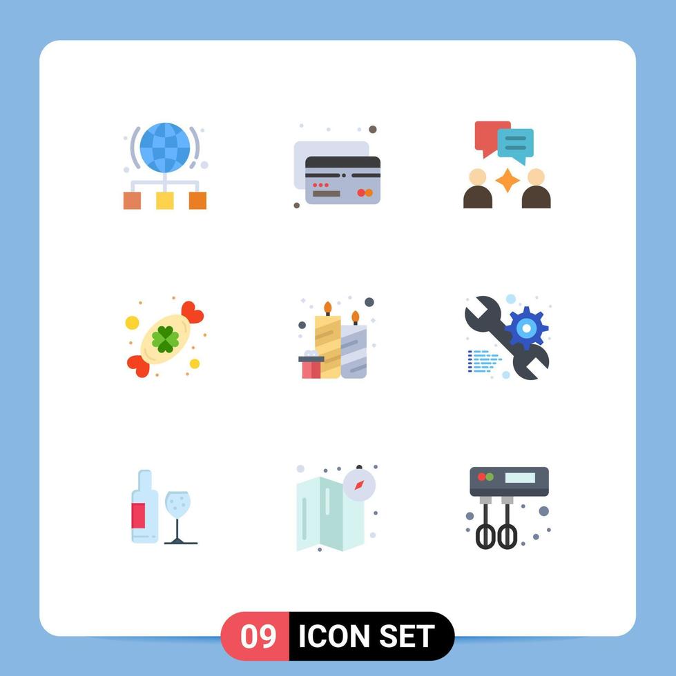 paquete de 9 signos y símbolos modernos de colores planos para medios impresos web, como velas, festival de cumpleaños, celebración de elementos de diseño de vectores editables
