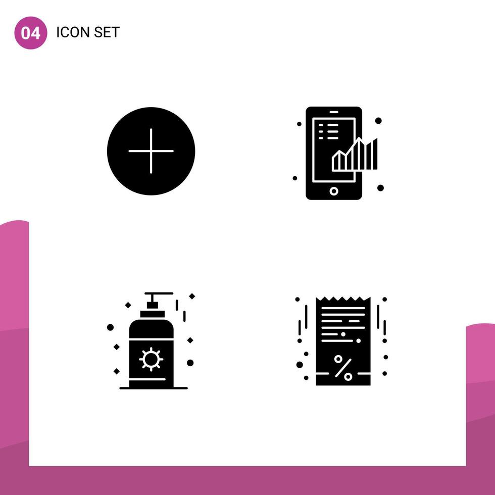 Mobile Interface Solid Glyph Set of 4 Pictograms of twitter sunblock business graph bill Editable Vector Design Elements