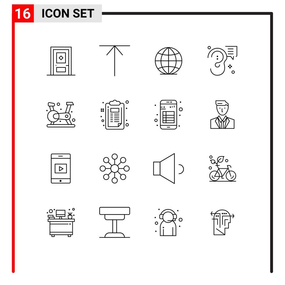16 Universal Outlines Set for Web and Mobile Applications fitness cycling globe message ear Editable Vector Design Elements