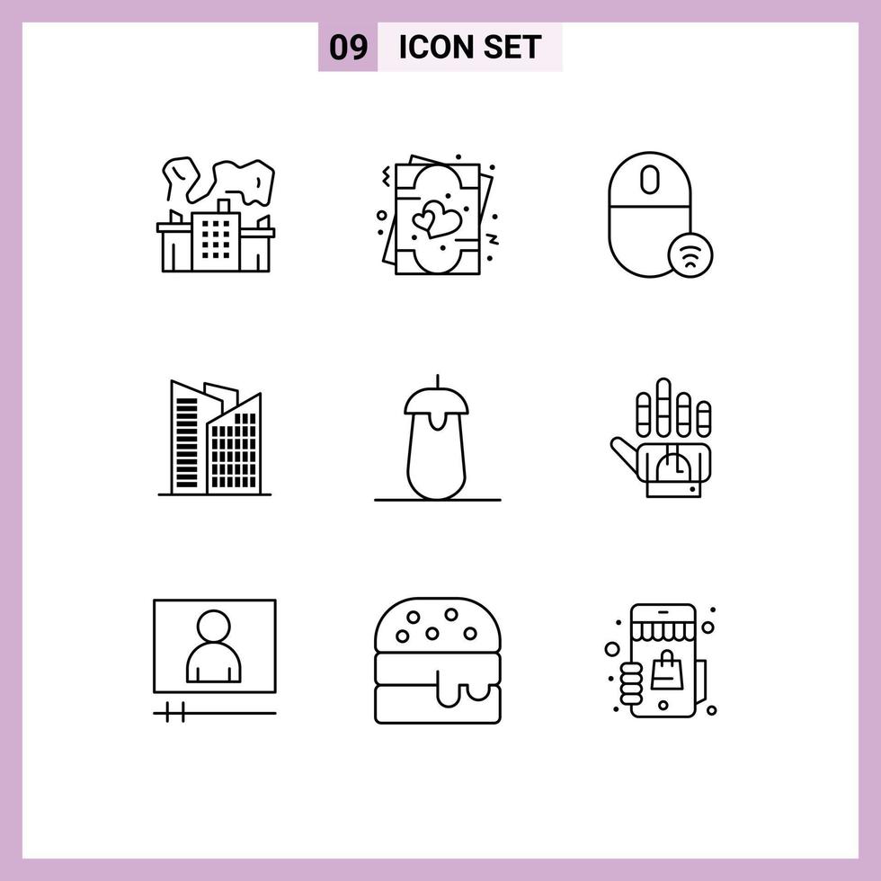 Editable Vector Line Pack of 9 Simple Outlines of delicious skyscraper computers office mouse Editable Vector Design Elements