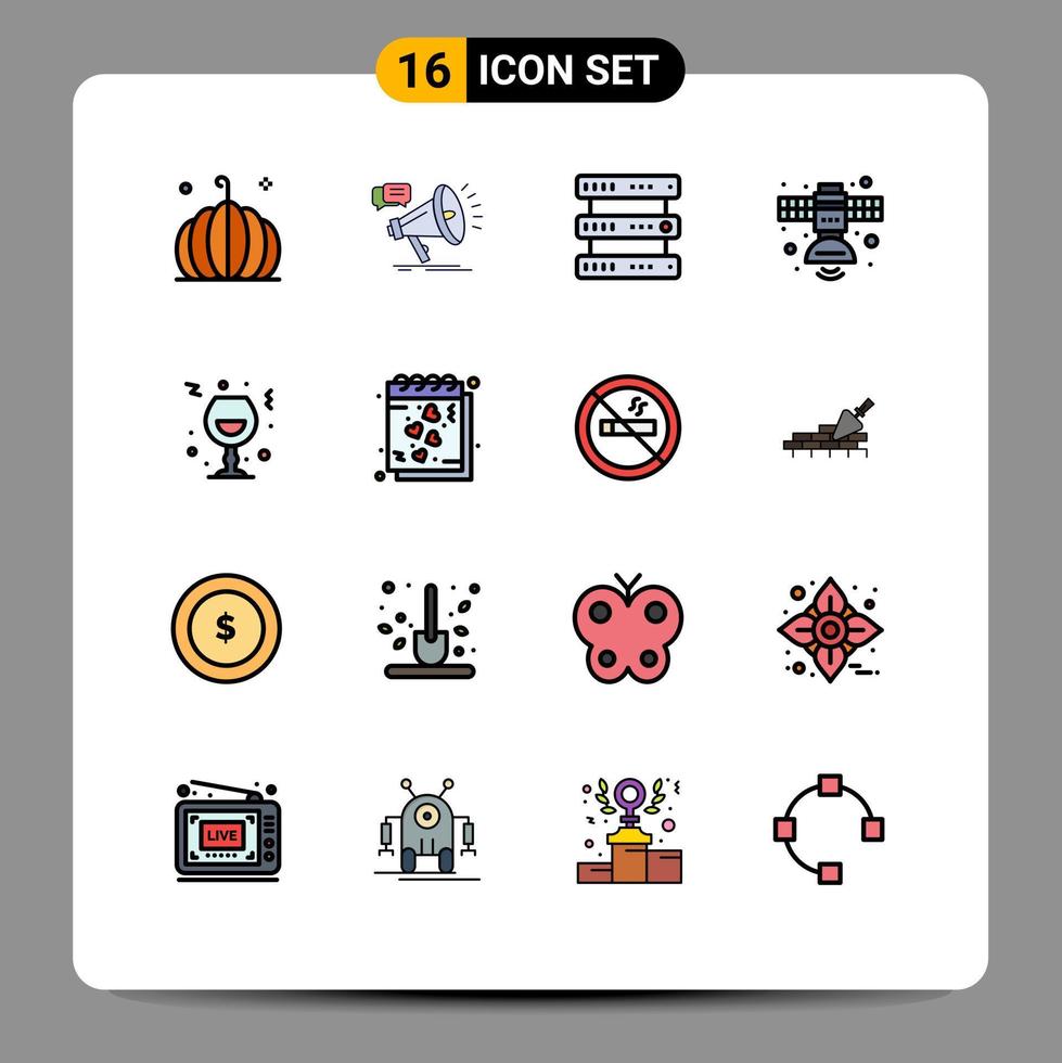 16 concepto de línea rellena de color plano para sitios web transmisión de aplicaciones y móviles promoción por satélite almacenamiento de radio elementos de diseño de vectores creativos editables