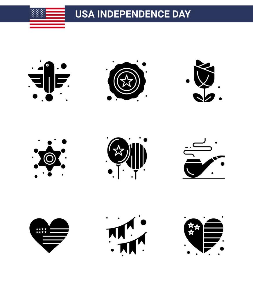 Happy Independence Day USA Pack of 9 Creative Solid Glyphs of celebrate police sign flower star men Editable USA Day Vector Design Elements