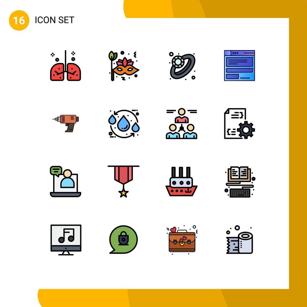 Group of 16 Flat Color Filled Lines Signs and Symbols for drill computing face browser ring Editable Creative Vector Design Elements