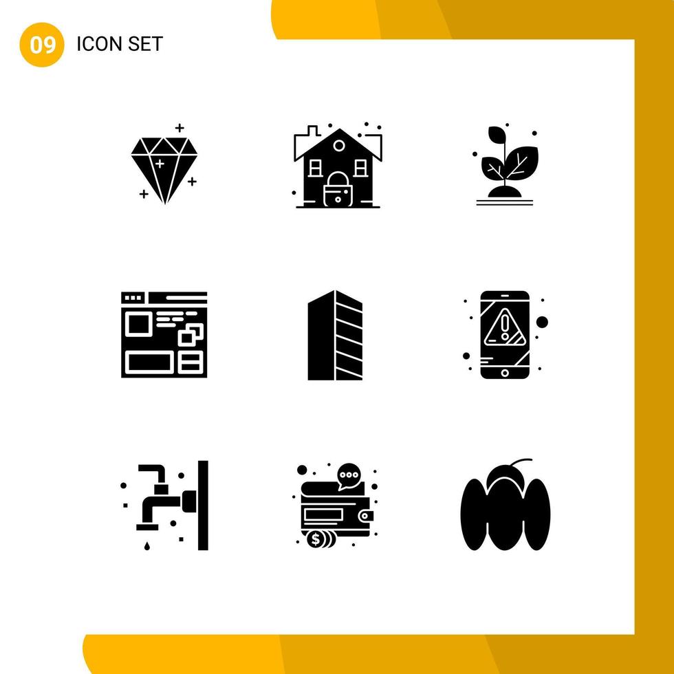 Group of 9 Solid Glyphs Signs and Symbols for buildings web plant page browser Editable Vector Design Elements