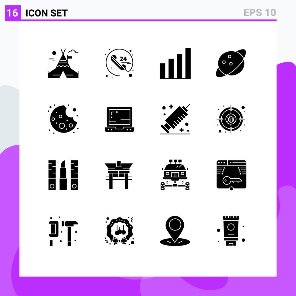 16 Thematic Vector Solid Glyphs and Editable Symbols of laptop cookie interface bite saturn Editable Vector Design Elements