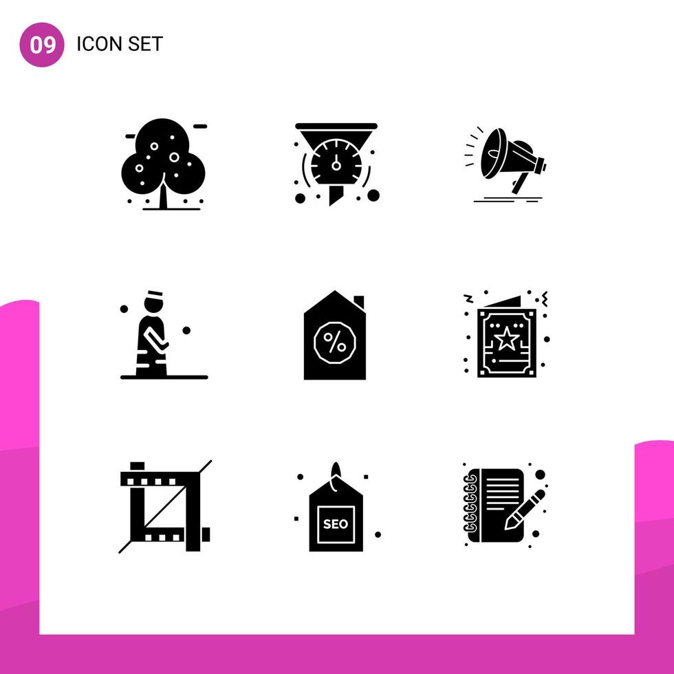 Set of 9 Commercial Solid Glyphs pack for prayer muslim performance man voice Editable Vector Design Elements