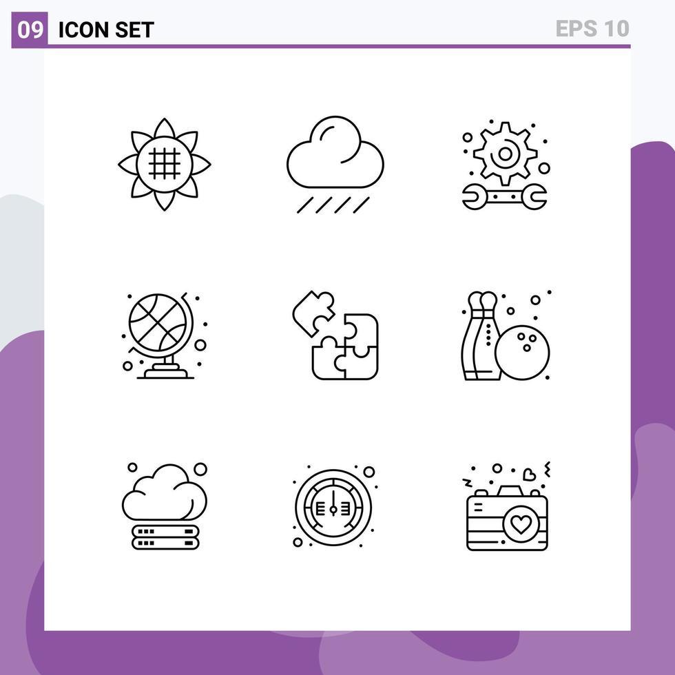 9 Universal Outline Signs Symbols of solution puzzle education jigsaw sports ball Editable Vector Design Elements