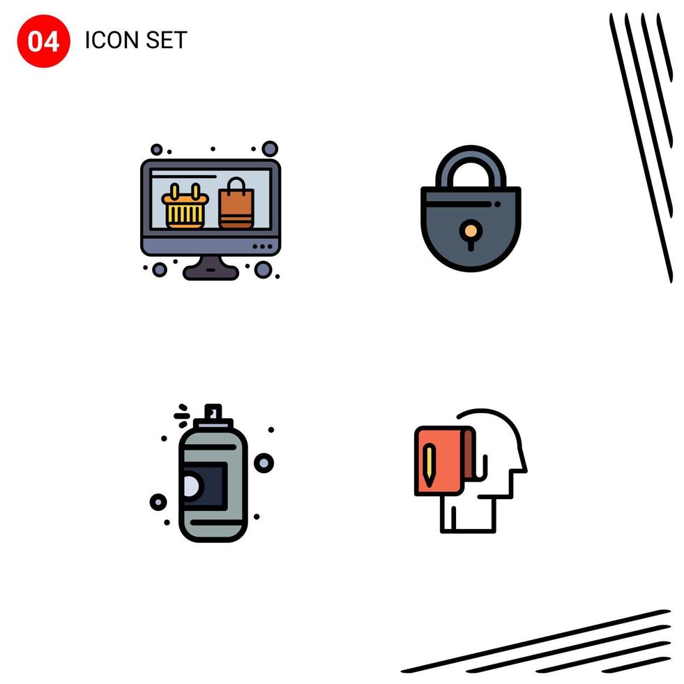 4 Universal Filledline Flat Color Signs Symbols of computer art online shopping locked paint Editable Vector Design Elements