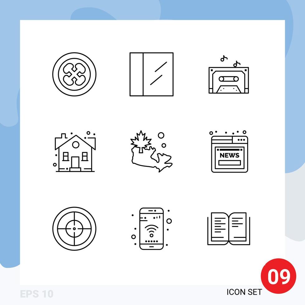 Group of 9 Outlines Signs and Symbols for leaf map sound property house Editable Vector Design Elements