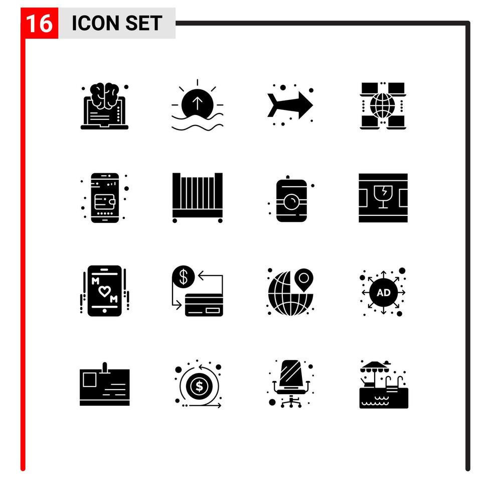 16 Thematic Vector Solid Glyphs and Editable Symbols of purse mobile wallet sun business internet Editable Vector Design Elements
