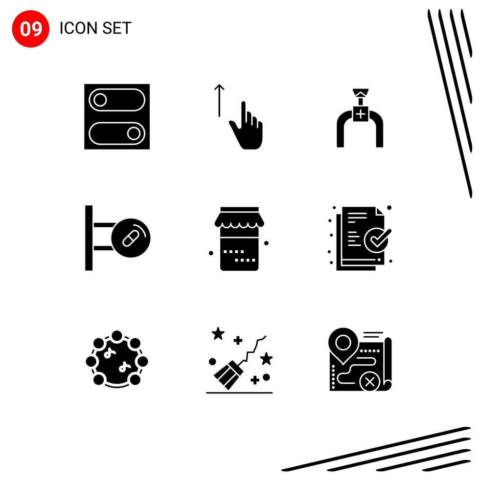 Group of 9 Modern Solid Glyphs Set for food medicine pipeline pills medical Editable Vector Design Elements