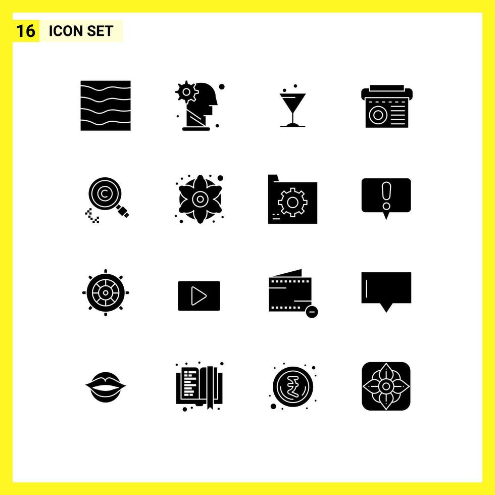 Group of 16 Solid Glyphs Signs and Symbols for content music mechanism equipment water Editable Vector Design Elements