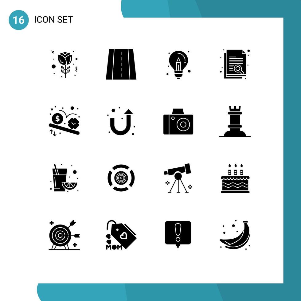 16 Universal Solid Glyph Signs Symbols of schedule deadline creative search paper Editable Vector Design Elements