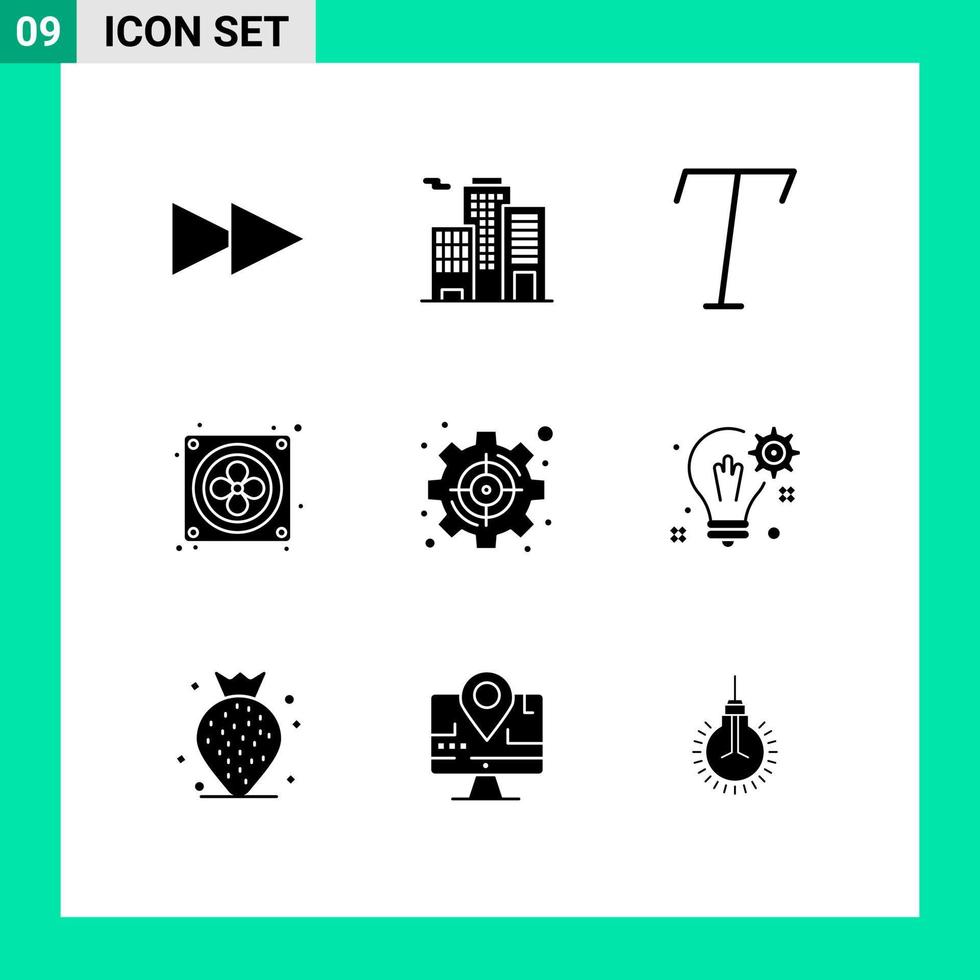 Editable Vector Line Pack of 9 Simple Solid Glyphs of solution bulb fan target set Editable Vector Design Elements