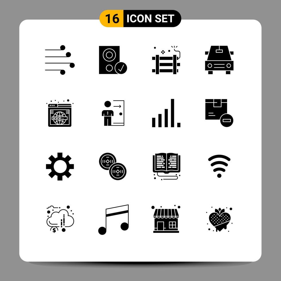 User Interface Pack of 16 Basic Solid Glyphs of page car hardware party bomb explosive Editable Vector Design Elements