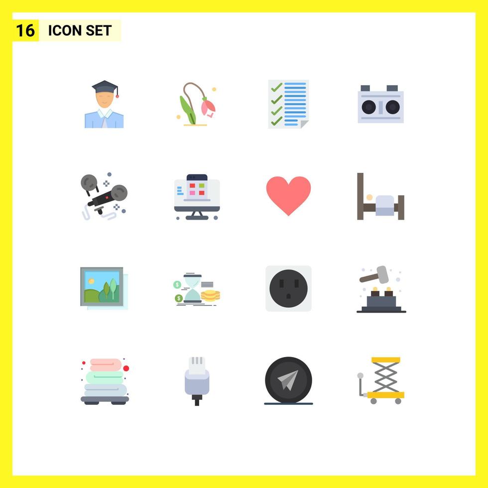 User Interface Pack of 16 Basic Flat Colors of karaoke photo check media report Editable Pack of Creative Vector Design Elements