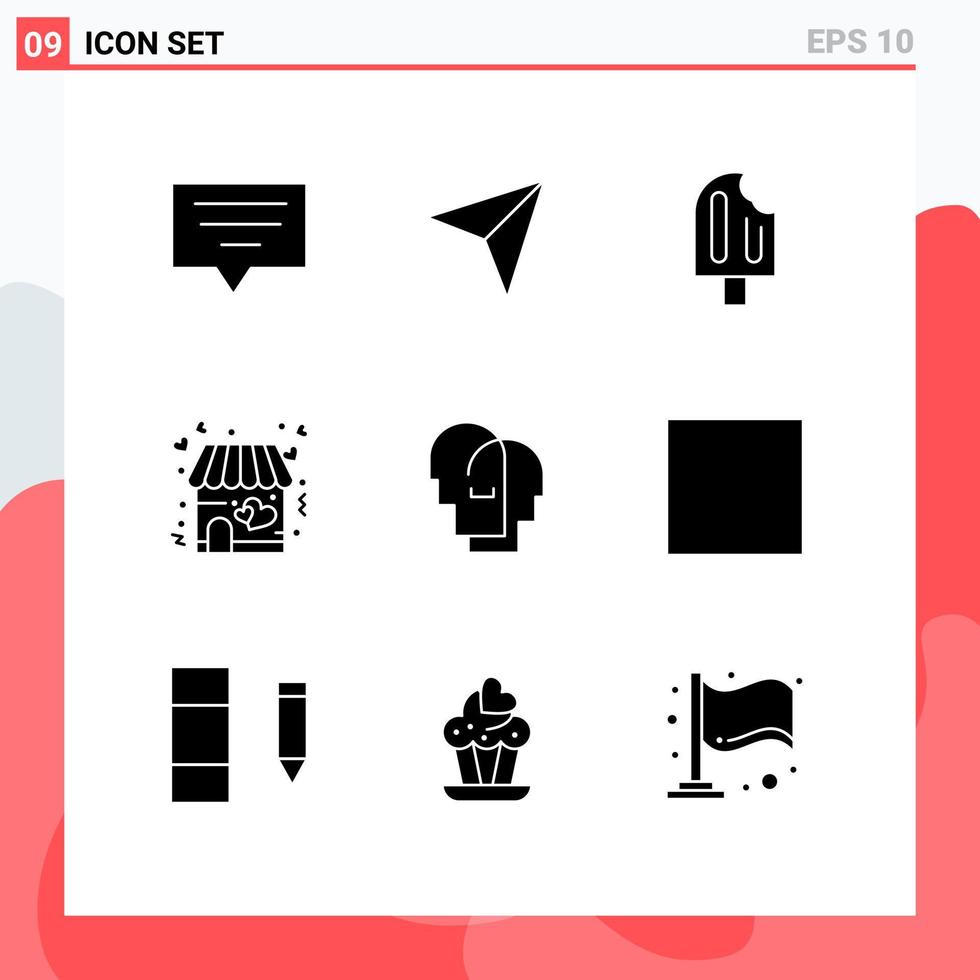Mobile Interface Solid Glyph Set of 9 Pictograms of human valentine cold store love Editable Vector Design Elements