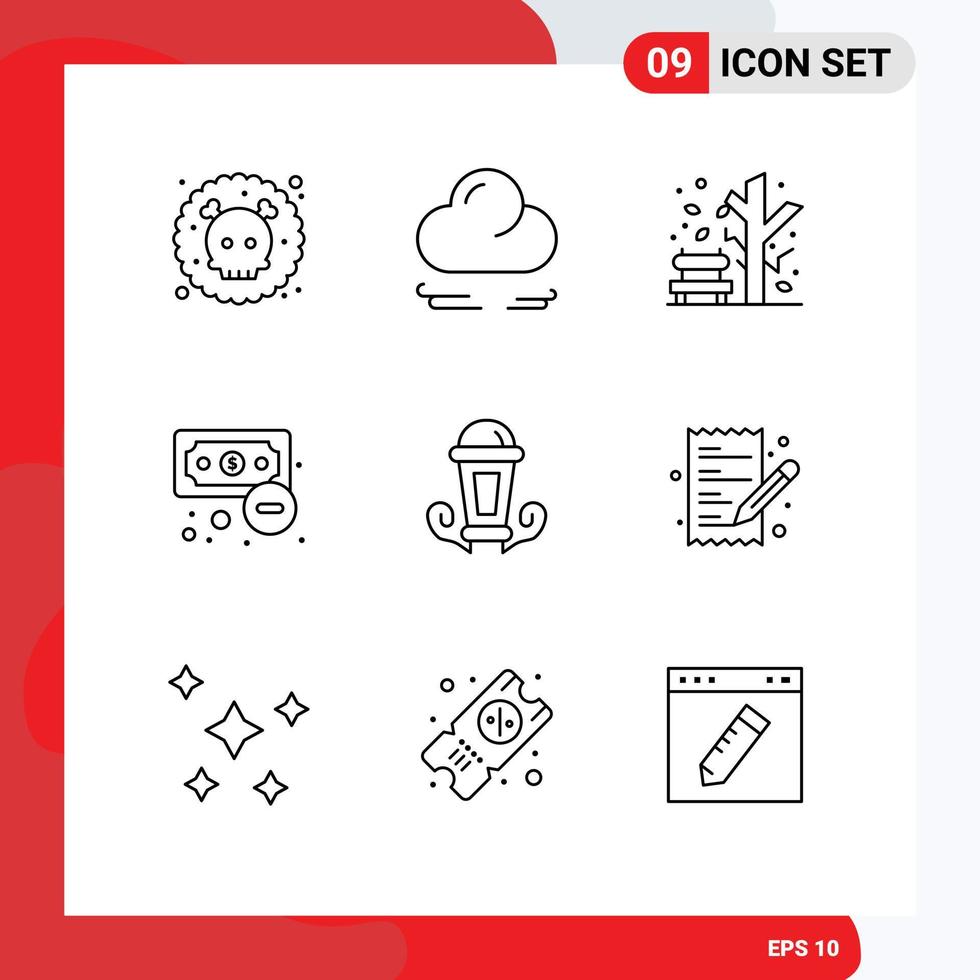 Modern Set of 9 Outlines and symbols such as lamp light fall outcome economy Editable Vector Design Elements