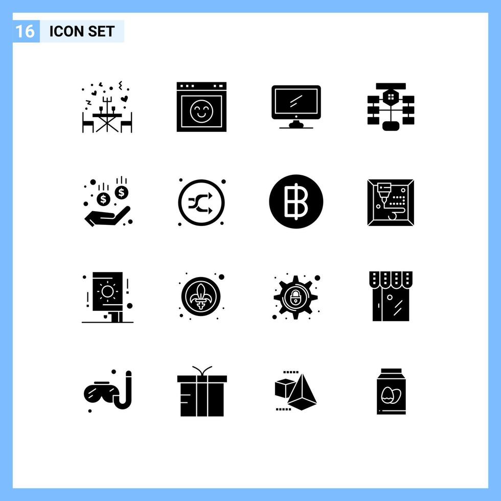 Group of 16 Modern Solid Glyphs Set for database chart computer flow pc Editable Vector Design Elements