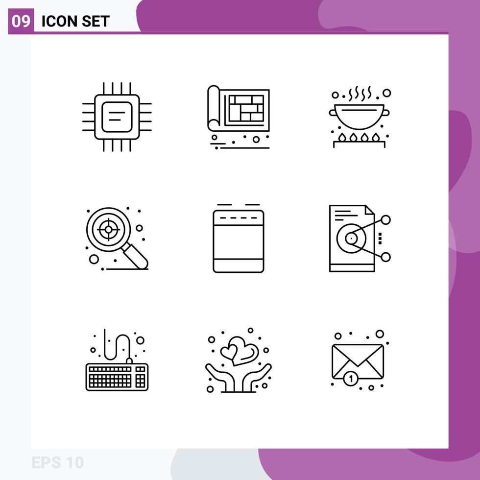 Pictogram Set of 9 Simple Outlines of gas target engineer search pan Editable Vector Design Elements