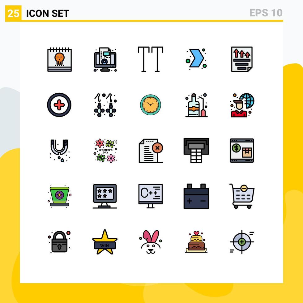 grupo de 25 colores planos de línea rellena moderna establecidos para elementos de diseño de vector editables de flecha multimedia en vivo de archivo derecho