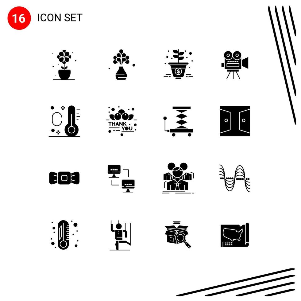 Group of 16 Solid Glyphs Signs and Symbols for summer education growth filam camera Editable Vector Design Elements