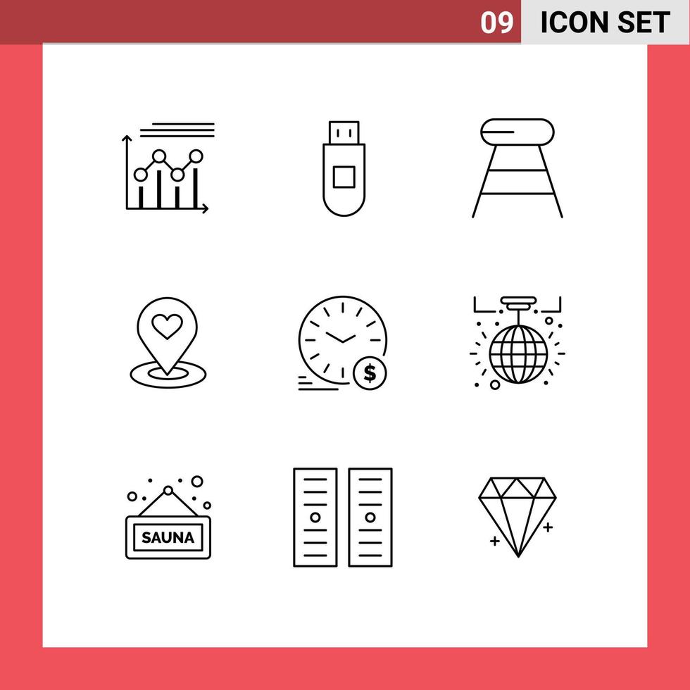 Modern Set of 9 Outlines and symbols such as time pin coffee location finder location Editable Vector Design Elements