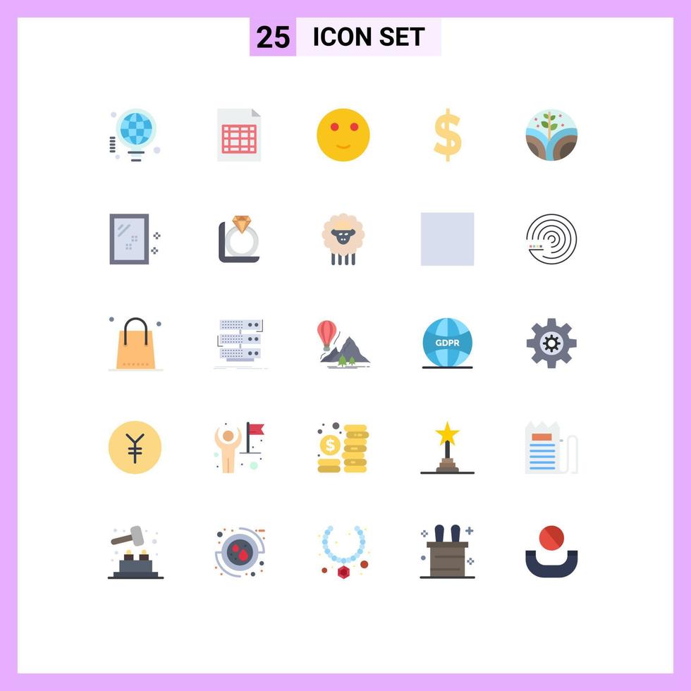 conjunto moderno de 25 pictogramas de colores planos de elementos de diseño vectorial editables en dólares del entorno de los emojis de la planta de la puerta vector