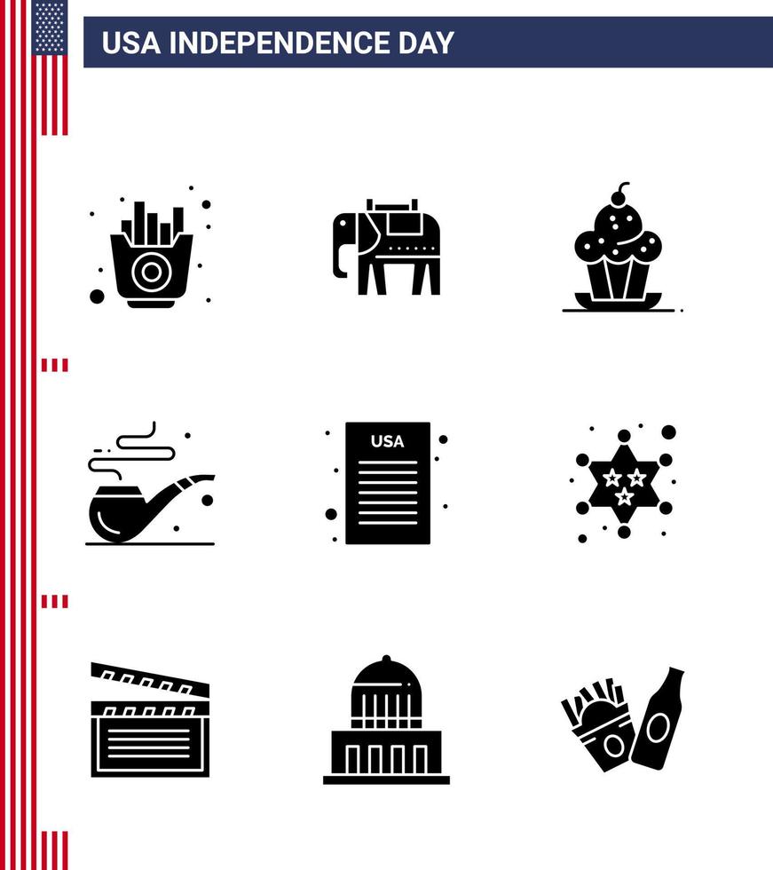 USA Happy Independence DayPictogram Set of 9 Simple Solid Glyphs of democratic declaration dessert st pipe Editable USA Day Vector Design Elements