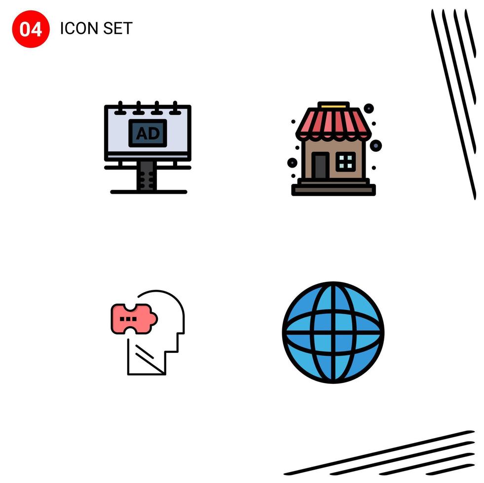 Mobile Interface Filledline Flat Color Set of 4 Pictograms of ad mind billboard shopping solving Editable Vector Design Elements