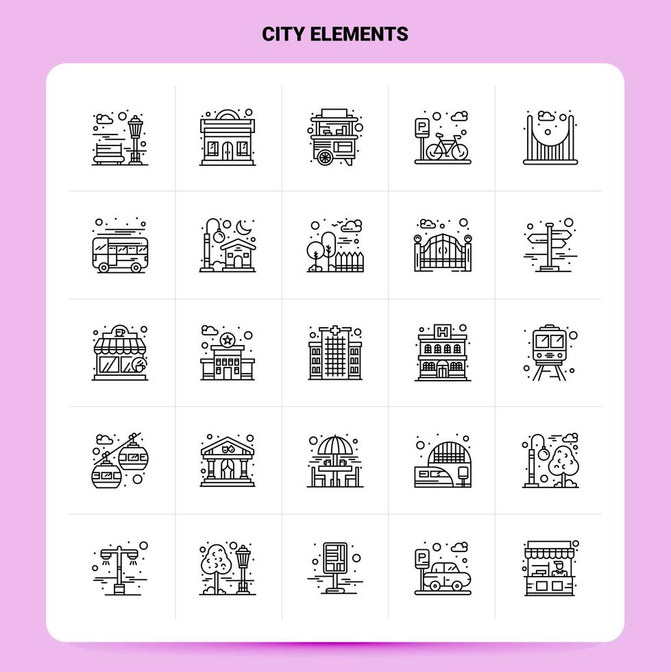 esquema 25 elementos de la ciudad conjunto de iconos diseño de estilo de línea vectorial conjunto de iconos negros paquete de pictogramas lineales web y diseño de ideas de negocios móviles ilustración vectorial vector